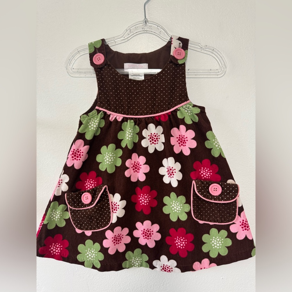 Vintage Bonnie Jean Brown Corduroy Jumper Dress with Pink Flowers Fall Girls 2T